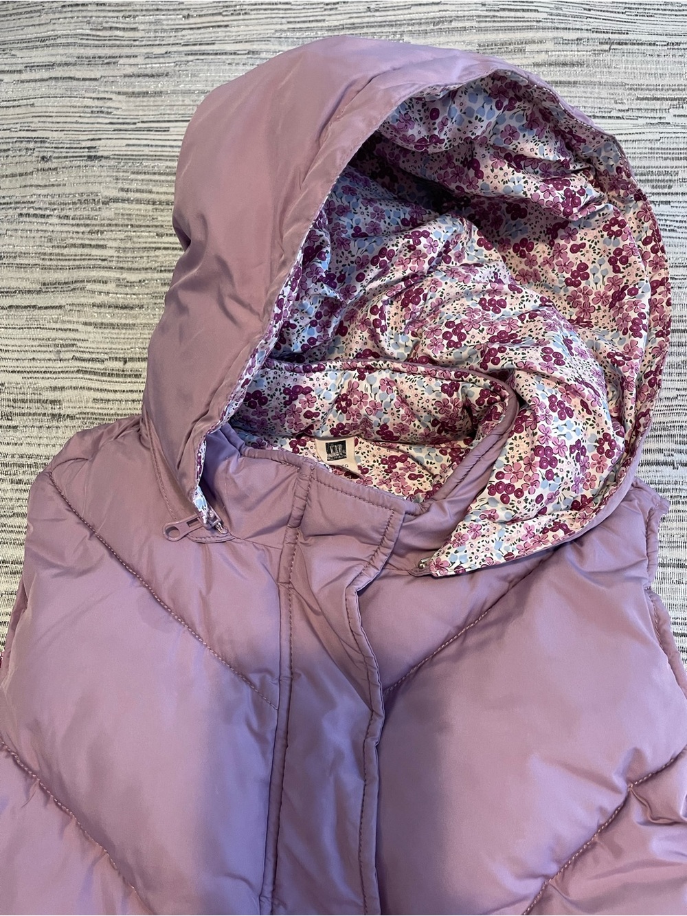 GAP Lilac Hooded Puffer Vest with Floral Lining